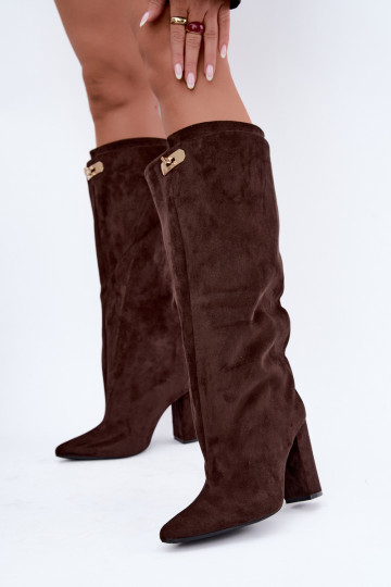 Botas altas cálidas con doble caña y tacones en color chocolate de ante Luminelle