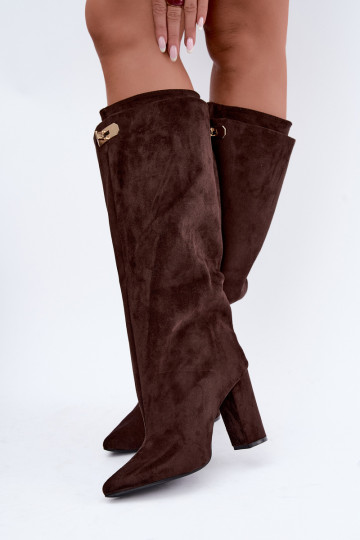 Botas altas cálidas con doble caña y tacones en color chocolate de ante Luminelle 2