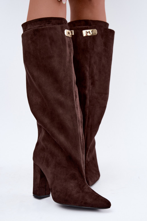 Botas altas cálidas con doble caña y tacones en color chocolate de ante Luminelle