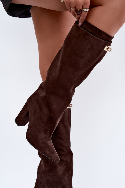 Botas altas cálidas con doble caña y tacones en color chocolate de ante Luminelle