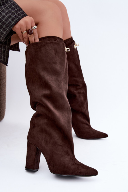 Botas altas cálidas con doble caña y tacones en color chocolate de ante Luminelle