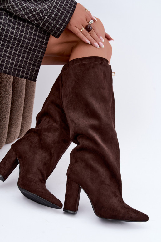 Botas altas cálidas con doble caña y tacones en color chocolate de ante Luminelle