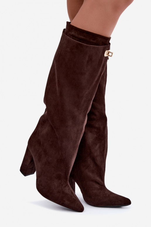 Botas altas cálidas con doble caña y tacones en color chocolate de ante Luminelle