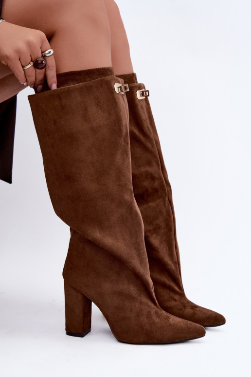 Botas altas cálidas con doble caña y tacones en color marrón de ante Luminelle