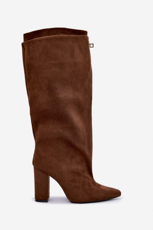 Botas altas cálidas con doble caña y tacones en color marrón de ante Luminelle