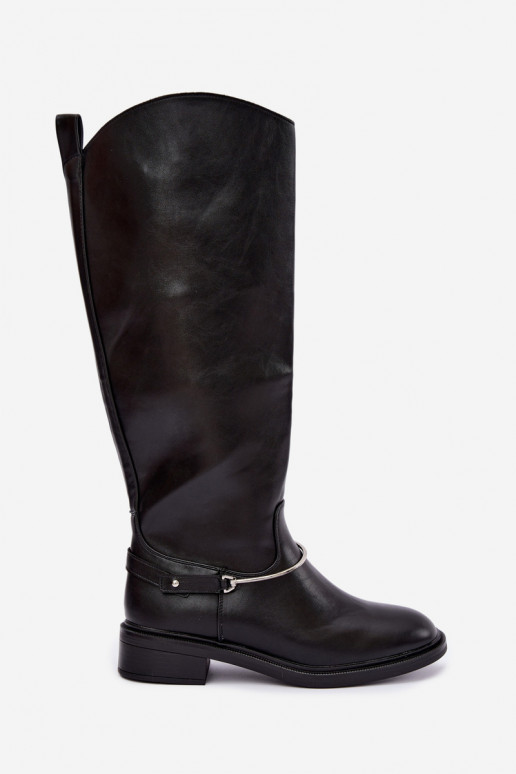 Botas altas con tacones anchos y cintas decorativas en color negro INillene