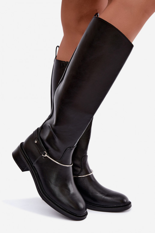 Botas altas con tacones anchos y cintas decorativas en color negro INillene