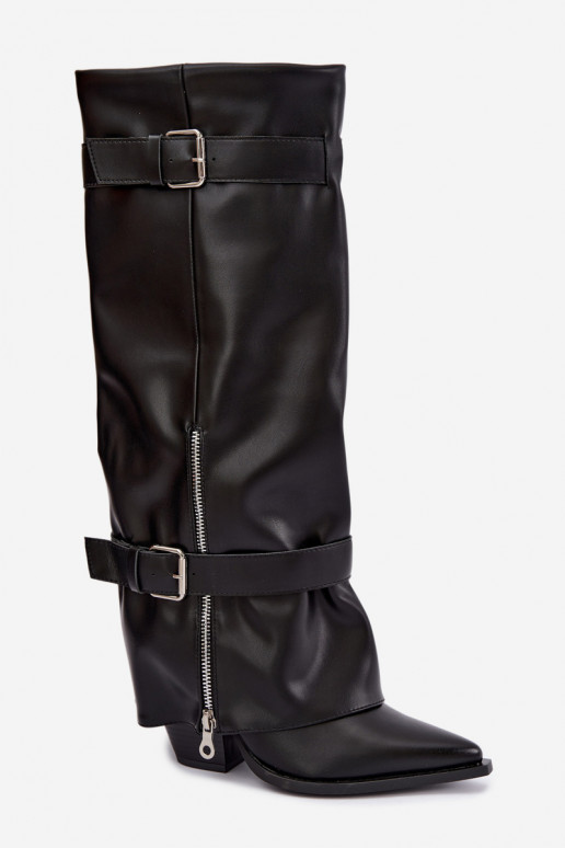 Botas altas con tacones y cordones con cintas y hebillas en color negro Amorette