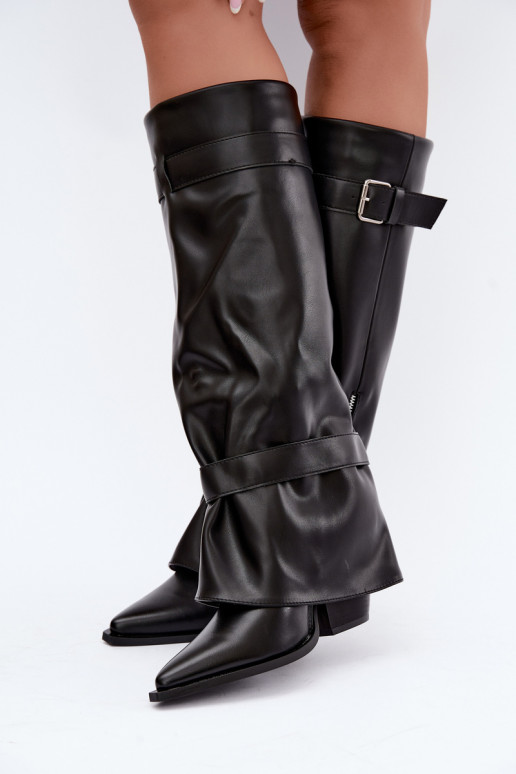 Botas altas con tacones y cordones con cintas y hebillas en color negro Amorette
