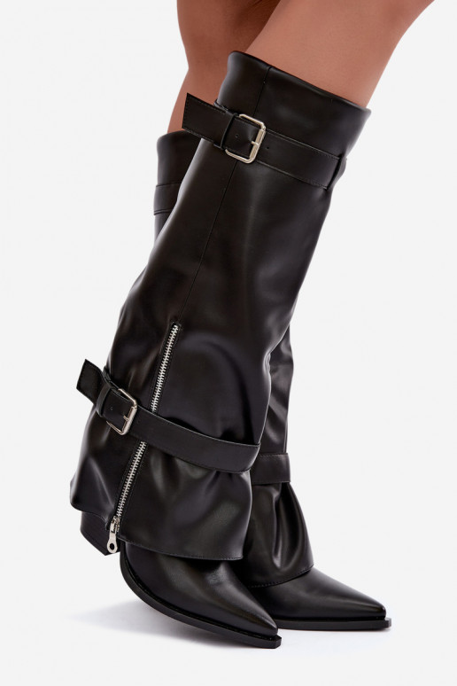 Botas altas con tacones y cordones con cintas y hebillas en color negro Amorette
