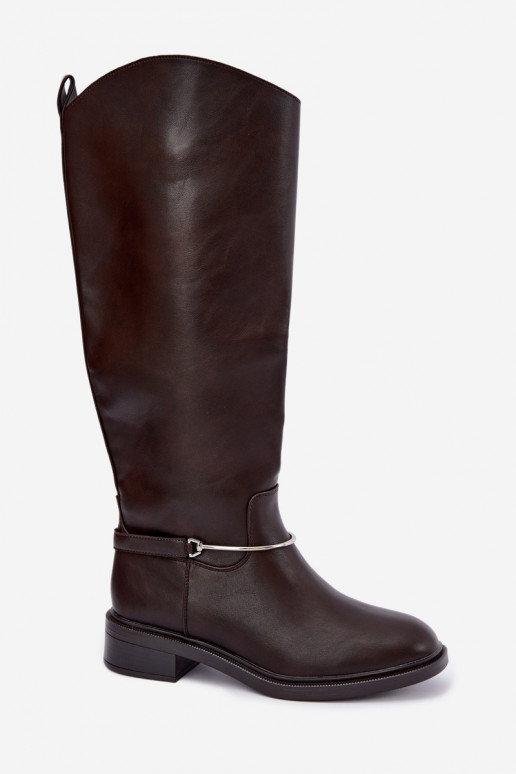 Botas altas con tacones anchos y cintas decorativas en color chocolate INillene
