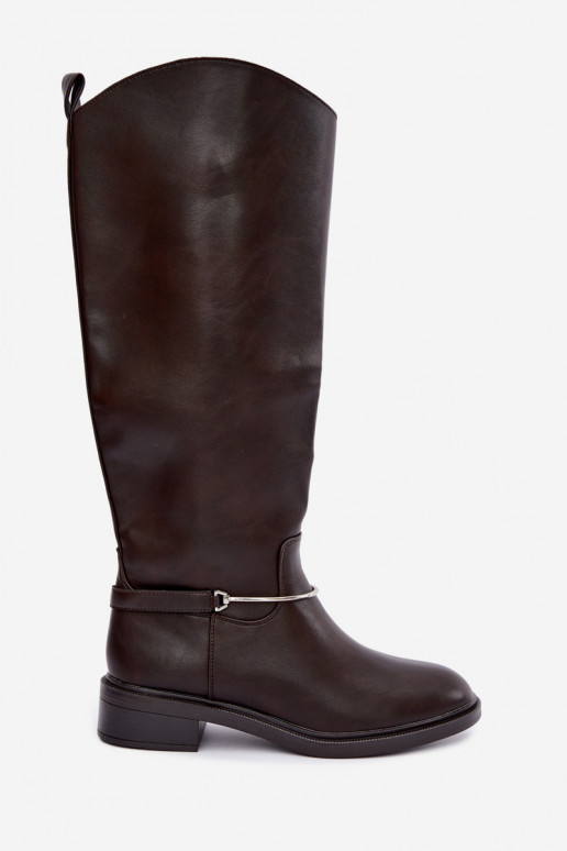 Botas altas con tacones anchos y cintas decorativas en color chocolate INillene