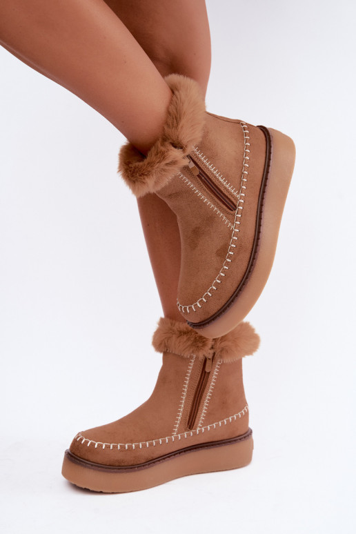 Botas de nieve para mujer Joceline con costuras y piel marrón