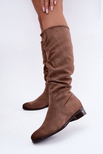 Botas aislantes arrugadas sobre la rodilla con tacones anchos color arena Vinceza 58669 2