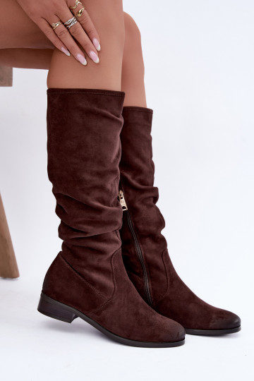 Botas aislantes arrugadas sobre la rodilla con tacones anchos color chocolate Vinceza 58669