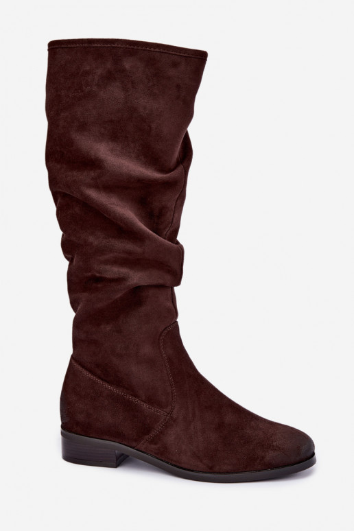 Botas aislantes arrugadas sobre la rodilla con tacones anchos color chocolate Vinceza 58669
