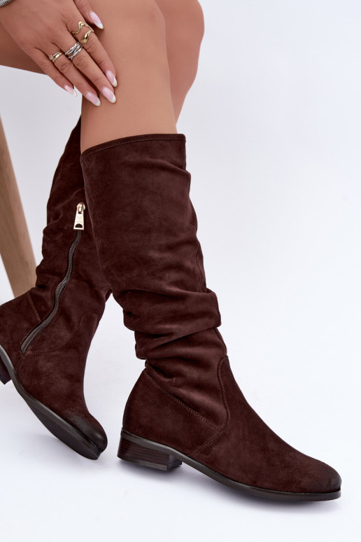 Botas aislantes arrugadas sobre la rodilla con tacones anchos color chocolate Vinceza 58669