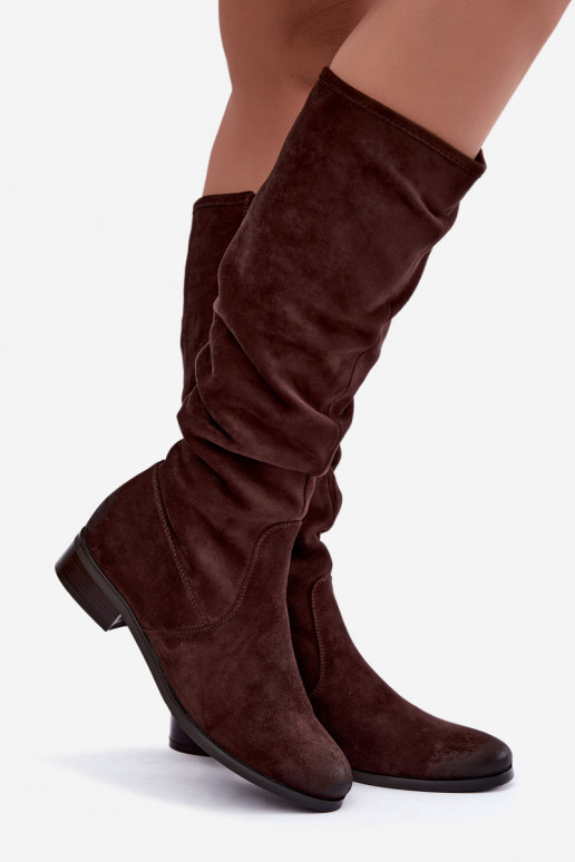 Botas aislantes arrugadas sobre la rodilla con tacones anchos color chocolate Vinceza 58669