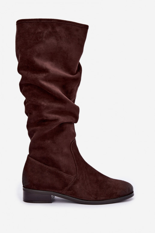 Botas aislantes arrugadas sobre la rodilla con tacones anchos color chocolate Vinceza 58669
