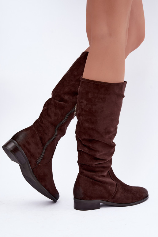 Botas aislantes arrugadas sobre la rodilla con tacones anchos color chocolate Vinceza 58669