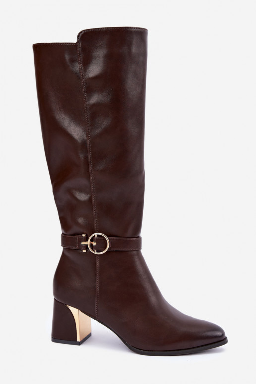 botas largas forradas con tacón y tacones decorados en color chocolate Senvia
