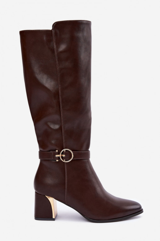 botas largas forradas con tacón y tacones decorados en color chocolate Senvia