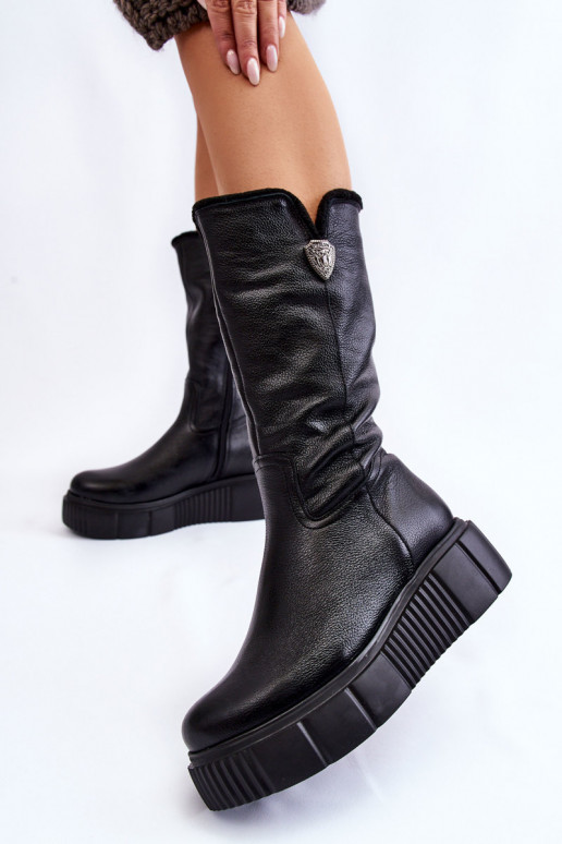 Botas de cuero para mujer con lana Zazoo 70121 negras