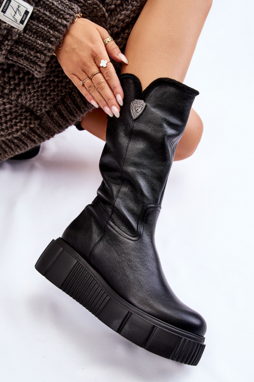 Botas de cuero para mujer con lana Zazoo 70121 negras