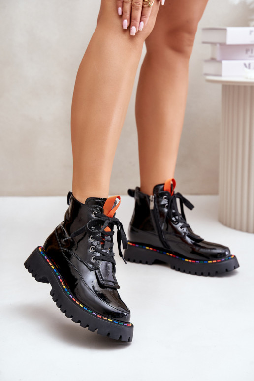 Botines de trabajo de cuero con efecto charol negros Anafra