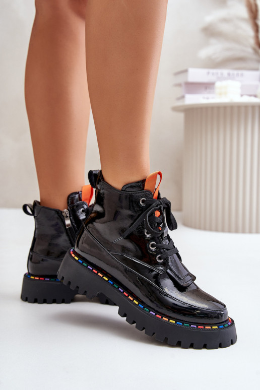 Botines de trabajo de cuero con efecto charol negros Anafra