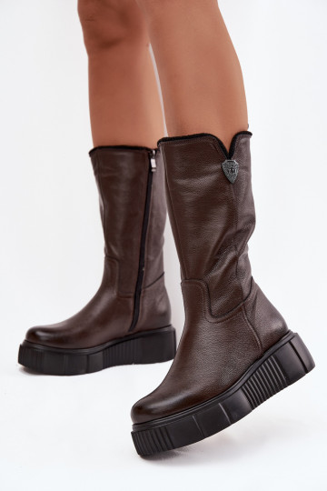 Botas de cuero para mujer con lana Zazoo 70121 chocolate
