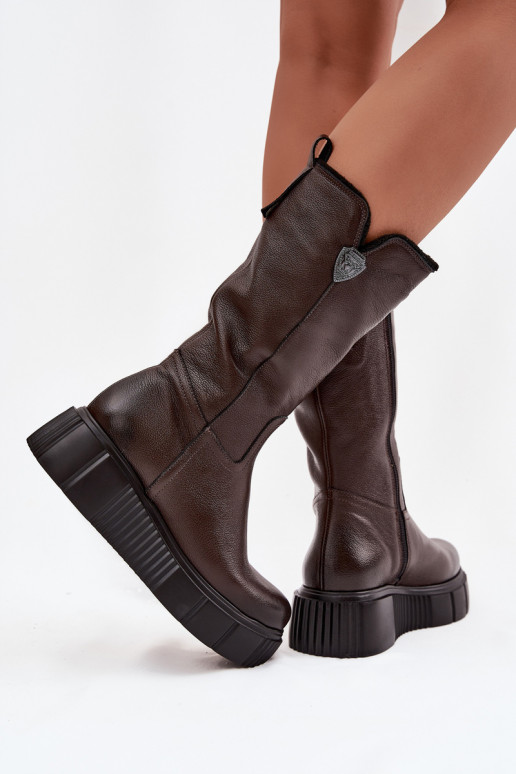 Botas de cuero para mujer con lana Zazoo 70121 chocolate
