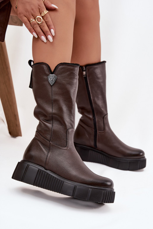 Botas de cuero para mujer con lana Zazoo 70121 chocolate