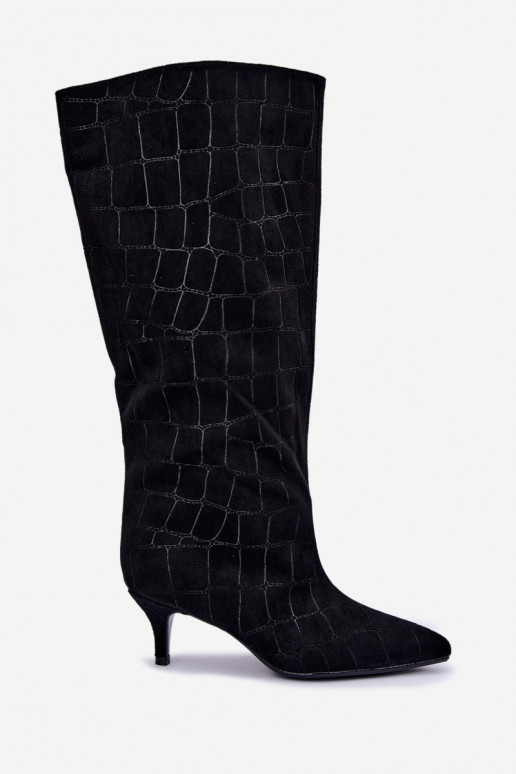 Botas negras de caña alta con detalles grabados y tacones Cazelle