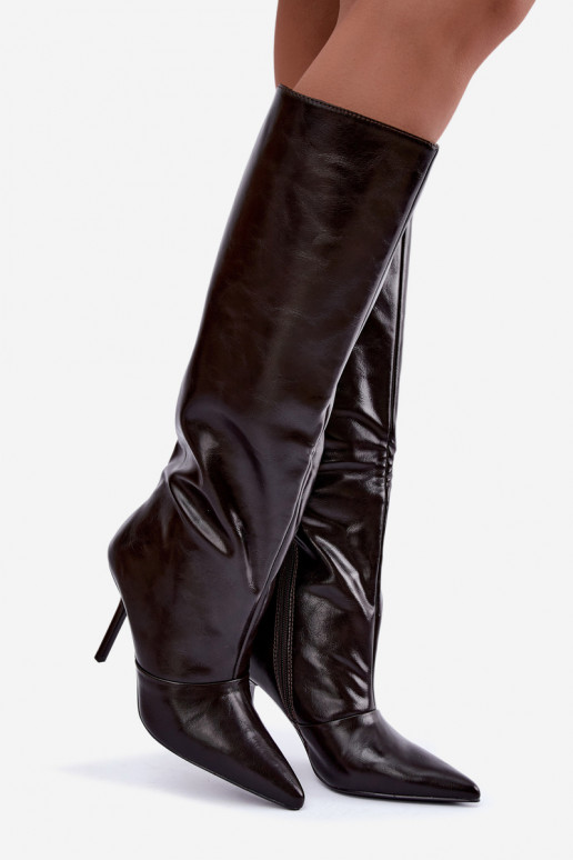 Botas cálidas por encima de la rodilla con tacones finos color chocolate Fenoria