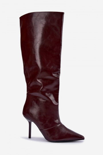 Botas cálidas por encima de la rodilla con tacones finos color burdeos Fenoria
