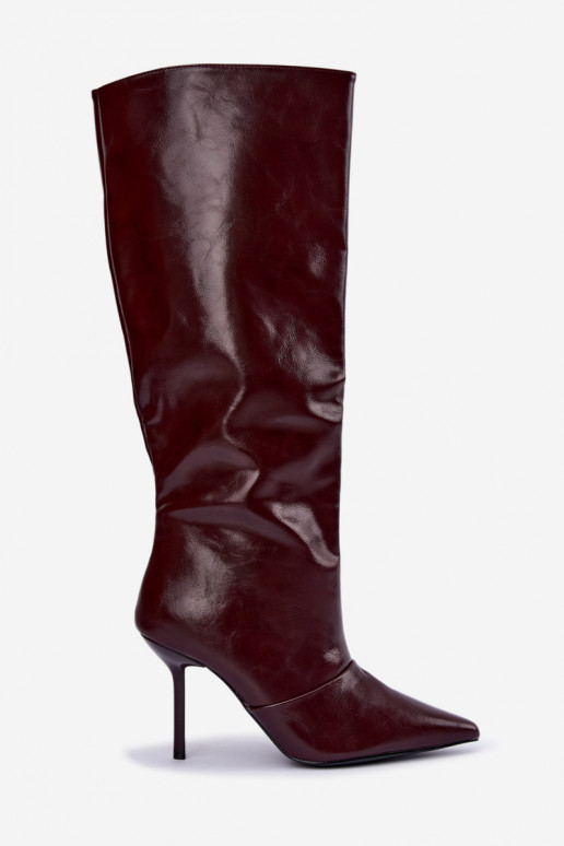 Botas cálidas por encima de la rodilla con tacones finos color burdeos Fenoria