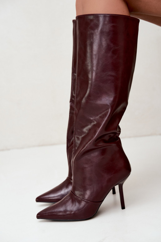 Botas cálidas por encima de la rodilla con tacones finos color burdeos Fenoria