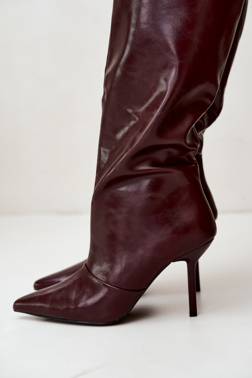 Botas cálidas por encima de la rodilla con tacones finos color burdeos Fenoria