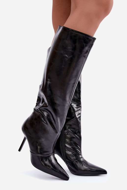Botas cálidas por encima de la rodilla con tacones finos color negro Fenoria