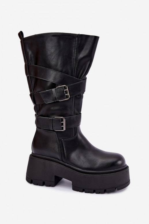 Botas altas con plataforma y correas en negro Delsenne