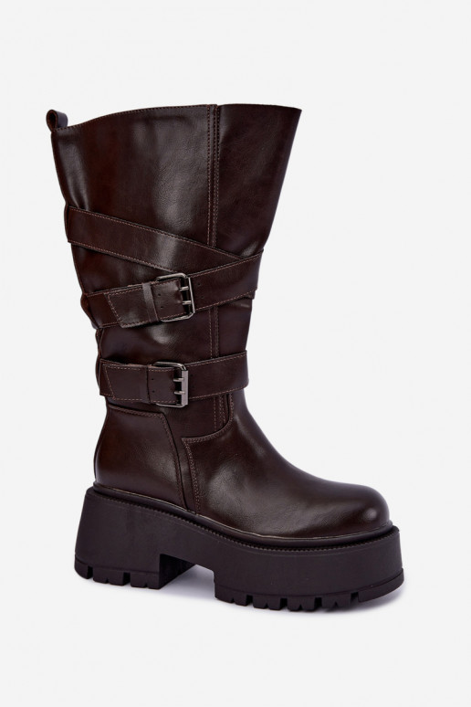 Botas altas con plataforma y correas en color chocolate Delsenne