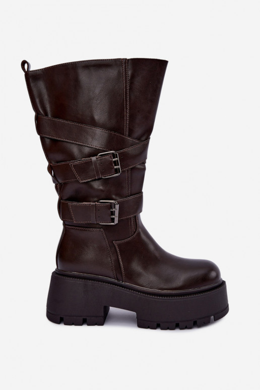 Botas altas con plataforma y correas en color chocolate Delsenne