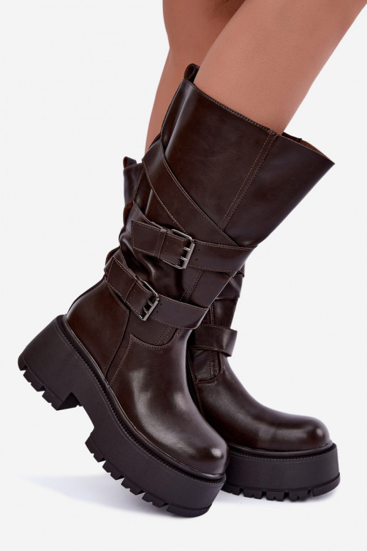 Botas altas con plataforma y correas en color chocolate Delsenne