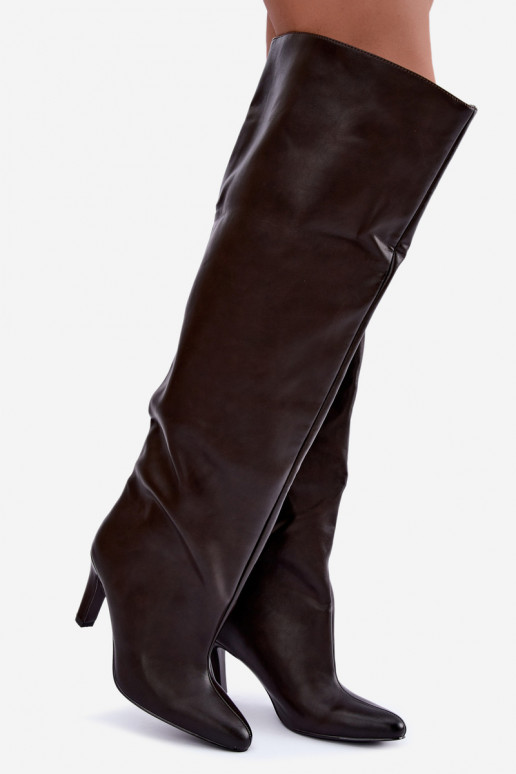 Botas altas sin cierre para mujer con tacones puntiagudos sobre la rodilla en color chocolate Emorine