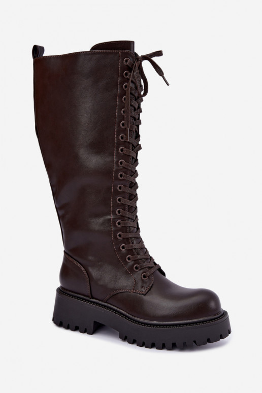 Botas altas calentitas de mujer con plataforma y cordones en chocolate Kasmina