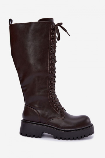 Botas altas calentitas de mujer con plataforma y cordones en chocolate Kasmina 2