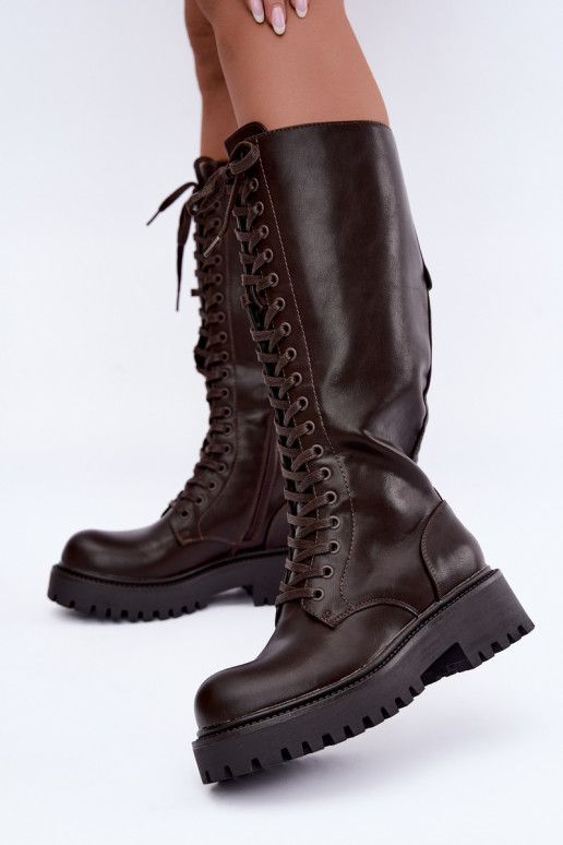 Botas altas calentitas de mujer con plataforma y cordones en chocolate Kasmina