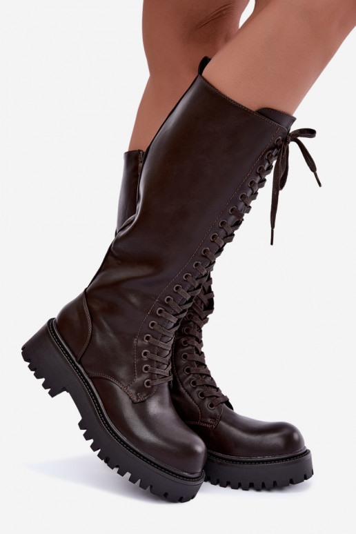 Botas altas calentitas de mujer con plataforma y cordones en chocolate Kasmina