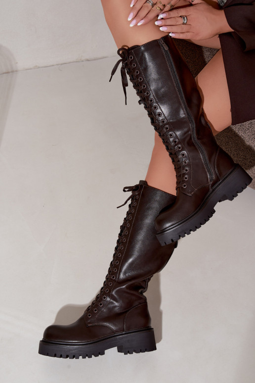 Botas altas calentitas de mujer con plataforma y cordones en chocolate Kasmina